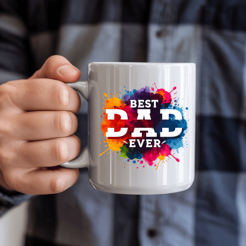 Glossy ceramic mug for dads with bright paint splash design suitable for coffee, tea, and hot beverages