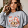 Heather gray crewneck featuring soft pastel bird family illustration.