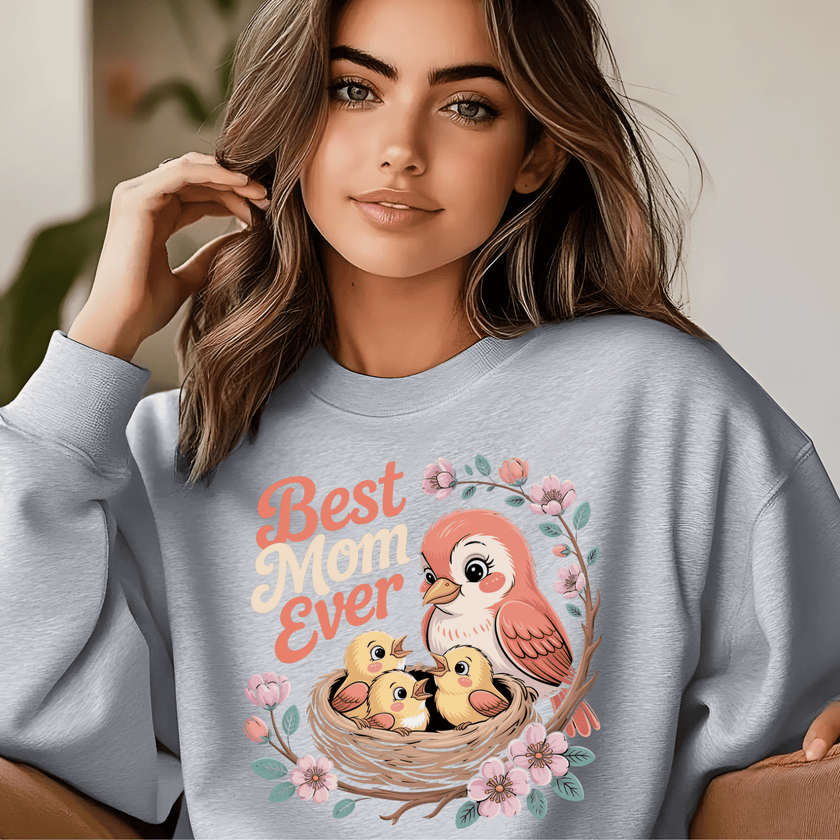 Heather gray crewneck featuring soft pastel bird family illustration.