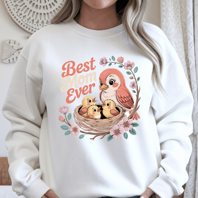 White crewneck sweater featuring colorful mother bird and baby birds with floral accents.