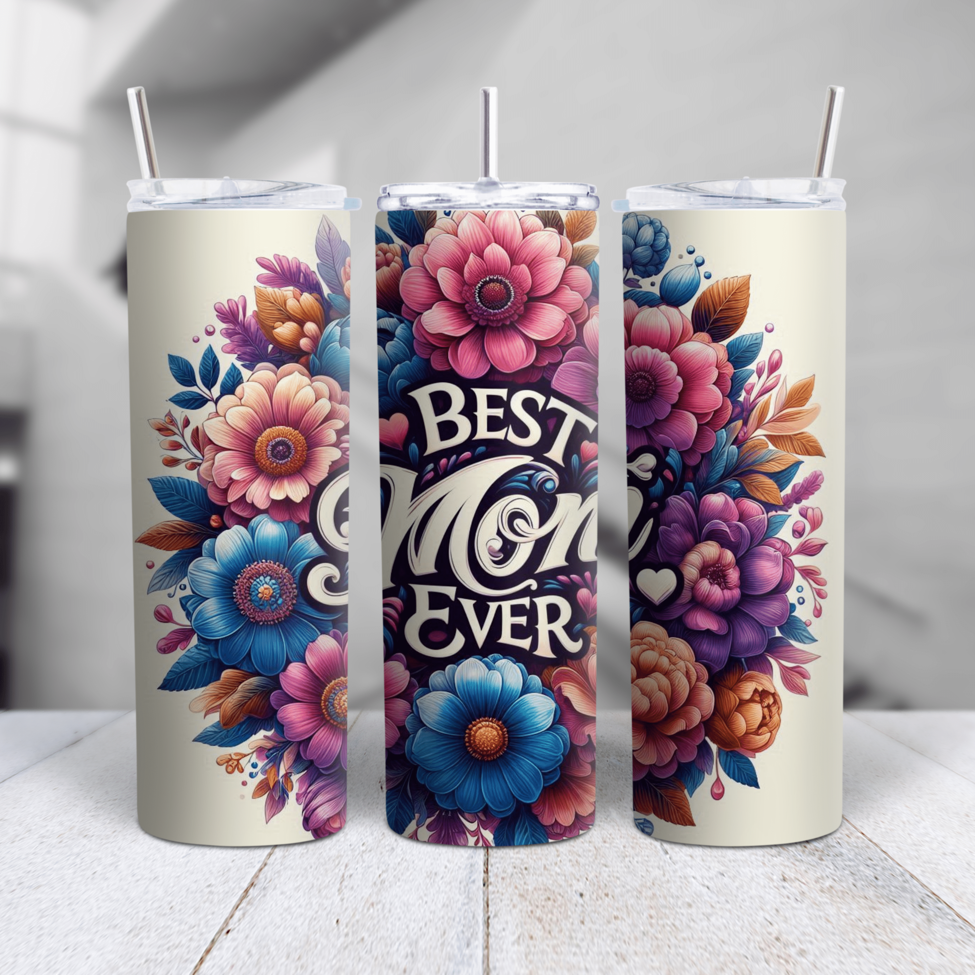 Stylish floral Best Mom Ever travel tumbler with reusable straw and sliding lid