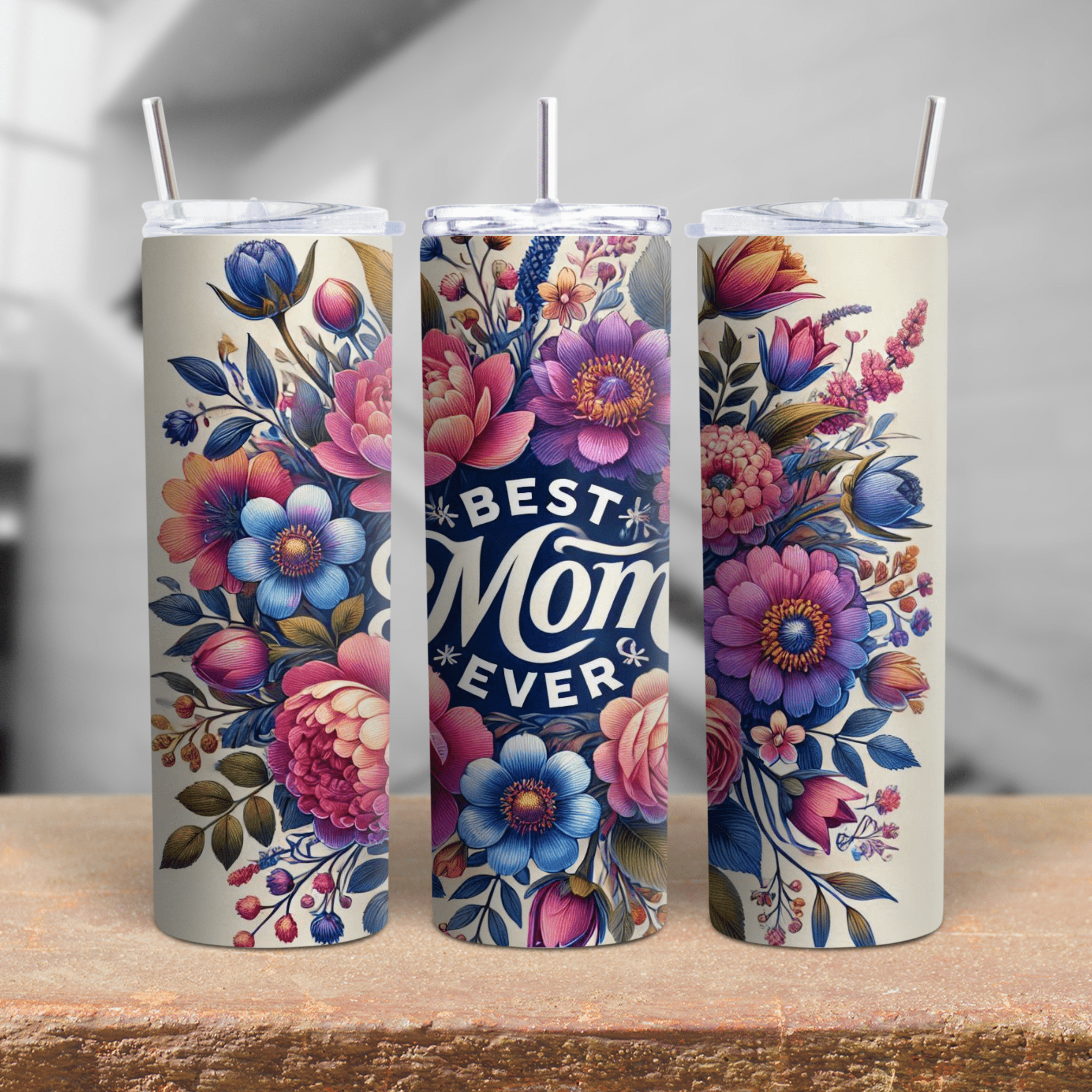 Elegant mom gift tumbler with colorful flowers and Best Mom Ever message on stainless steel cup