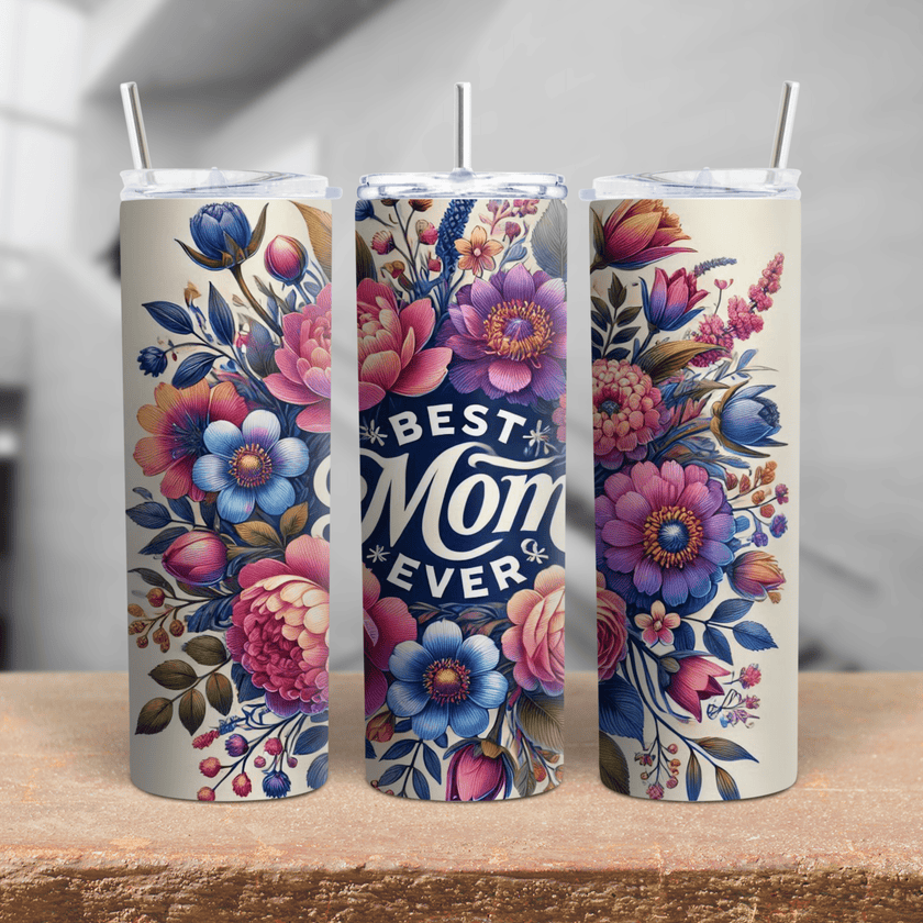 Elegant mom gift tumbler with colorful flowers and Best Mom Ever message on stainless steel cup