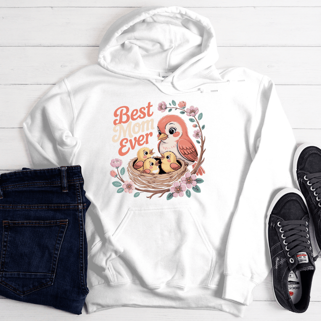 White hoodie with warm-toned Best Mom Ever artwork and decorative flowers.