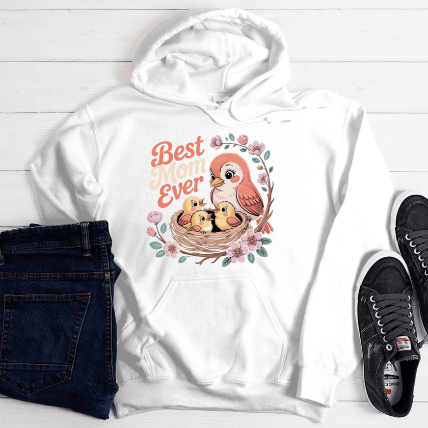 White hoodie with warm-toned Best Mom Ever artwork and decorative flowers.