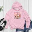 Light pink hoodie with vibrant Best Mom Ever design and illustrated bird family.