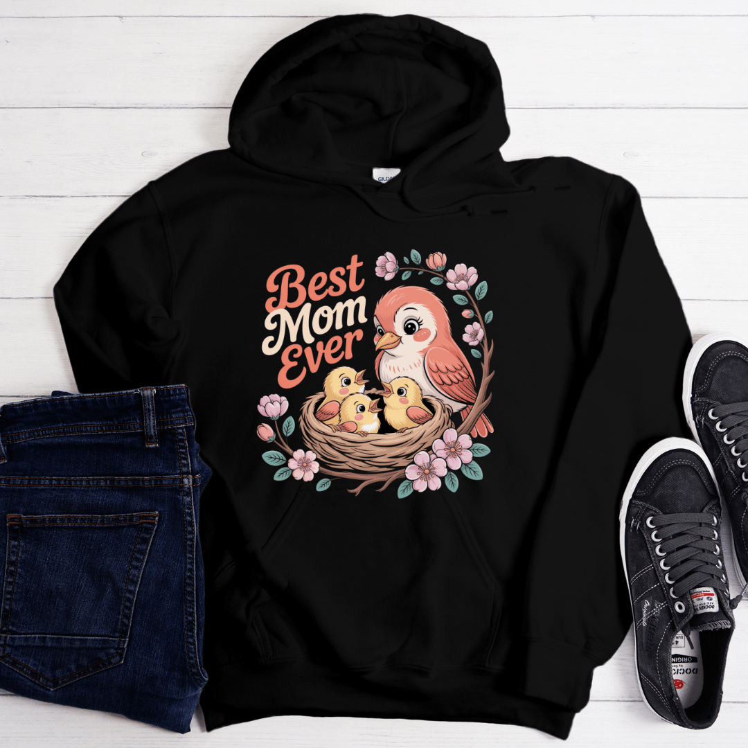 Black hoodie showcasing bold floral artwork and mother bird illustration.