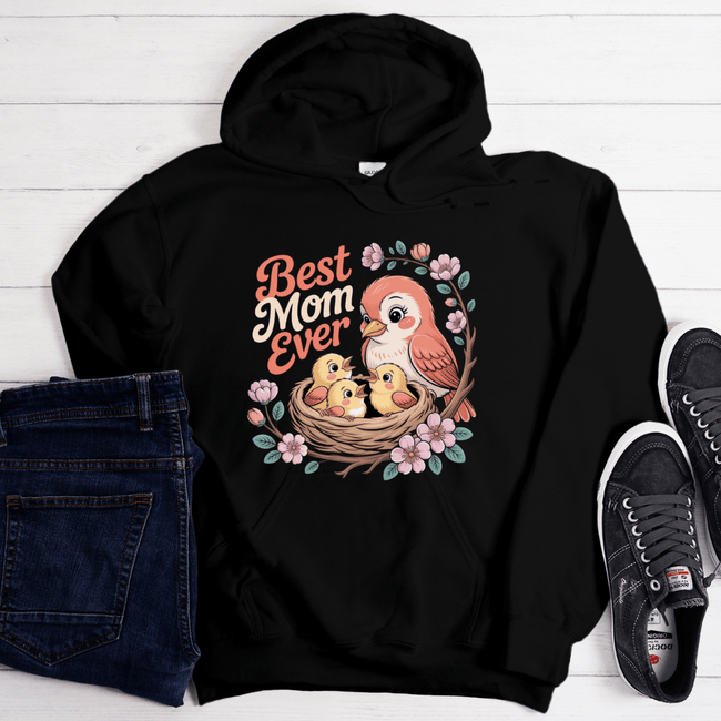 Black hoodie showcasing bold floral artwork and mother bird illustration.