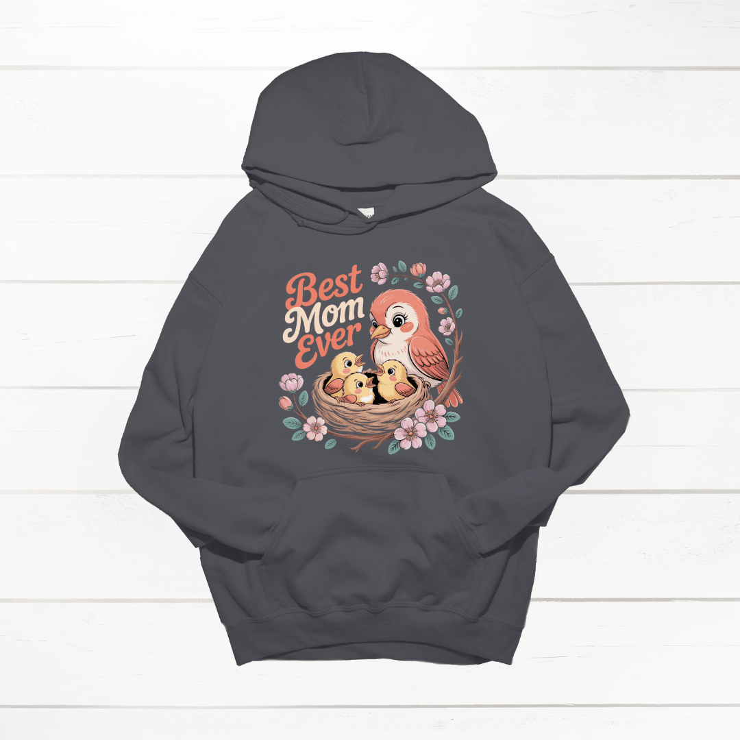 Dark gray hoodie featuring colorful mother bird and baby birds with floral accents.