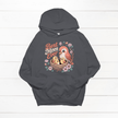 Dark gray hoodie featuring colorful mother bird and baby birds with floral accents.