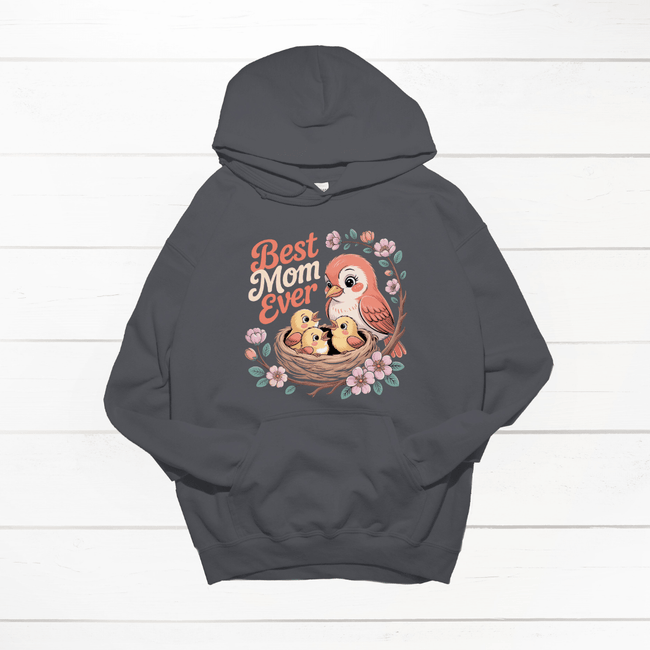 Dark gray hoodie featuring colorful mother bird and baby birds with floral accents.
