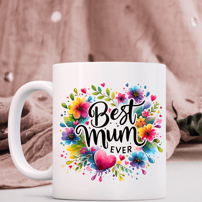 Best Mum Ever floral coffee mug with colorful flowers and heart design on white ceramic cup