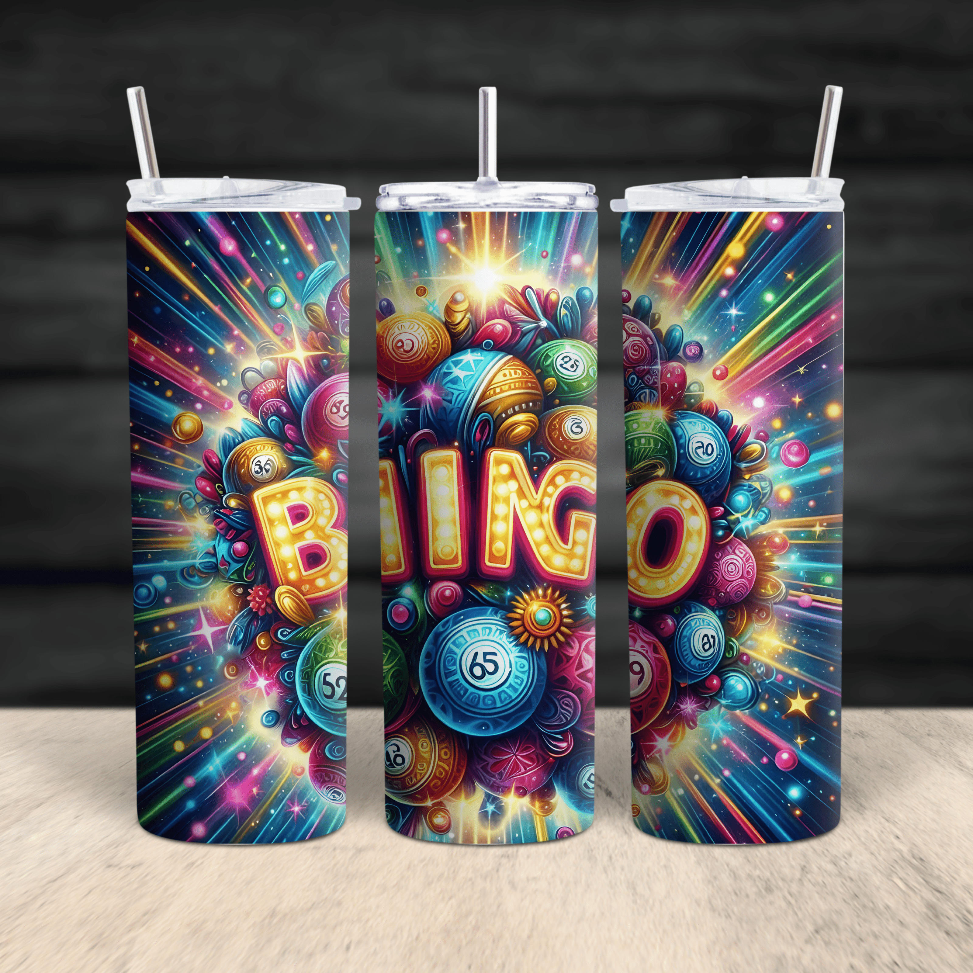 Vibrant bingo tumbler design featuring glowing bingo balls, neon lights, and the word “BINGO” illuminated in bright colors.