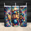 Vibrant bingo tumbler design featuring glowing bingo balls, neon lights, and the word “BINGO” illuminated in bright colors.