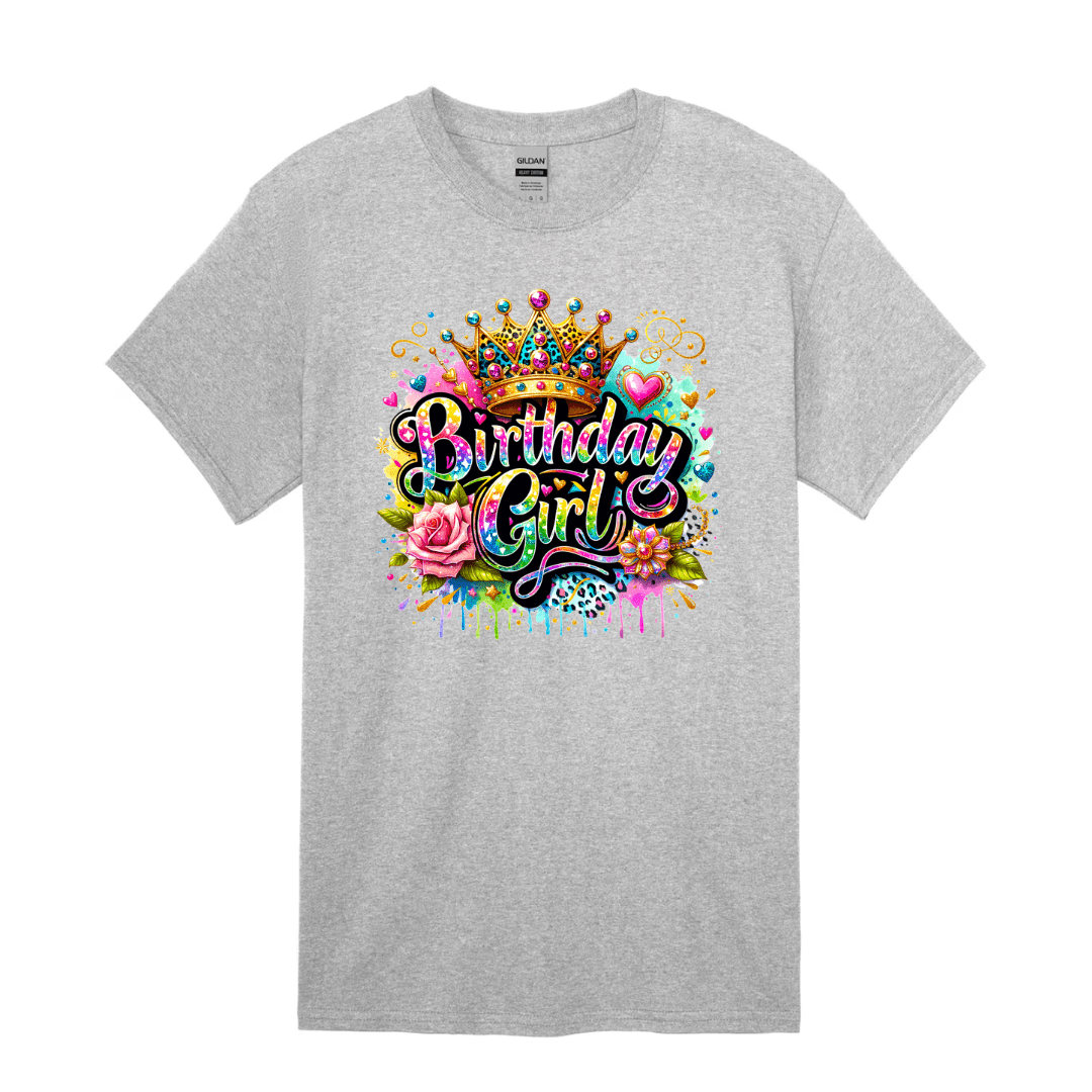 Grey birthday girl t-shirt with bold colorful crown party design