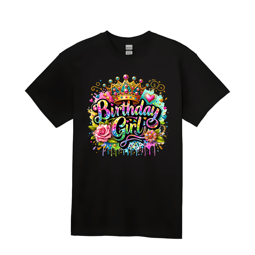 Black birthday girl t-shirt with colorful crown and floral graphic design