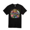 Black birthday girl t-shirt with colorful crown and floral graphic design