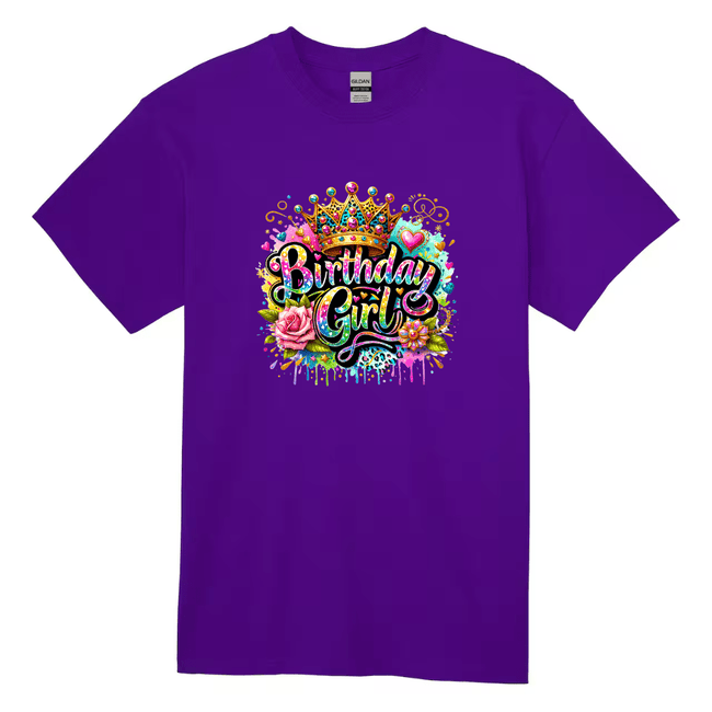 Purple birthday girl t-shirt with decorative crown and floral accents