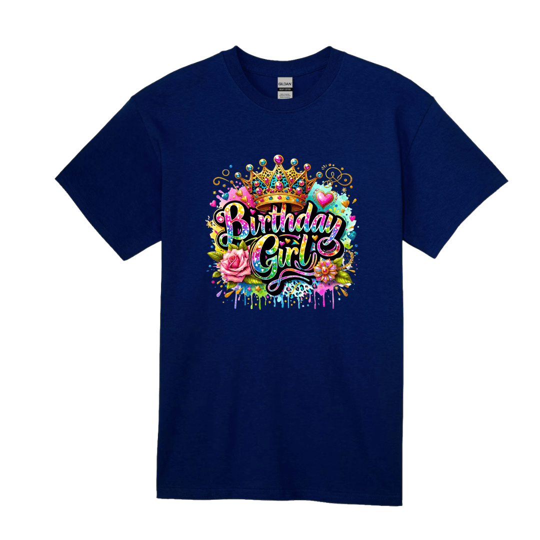 Blue birthday girl shirt with crown graphic and bright festive colors