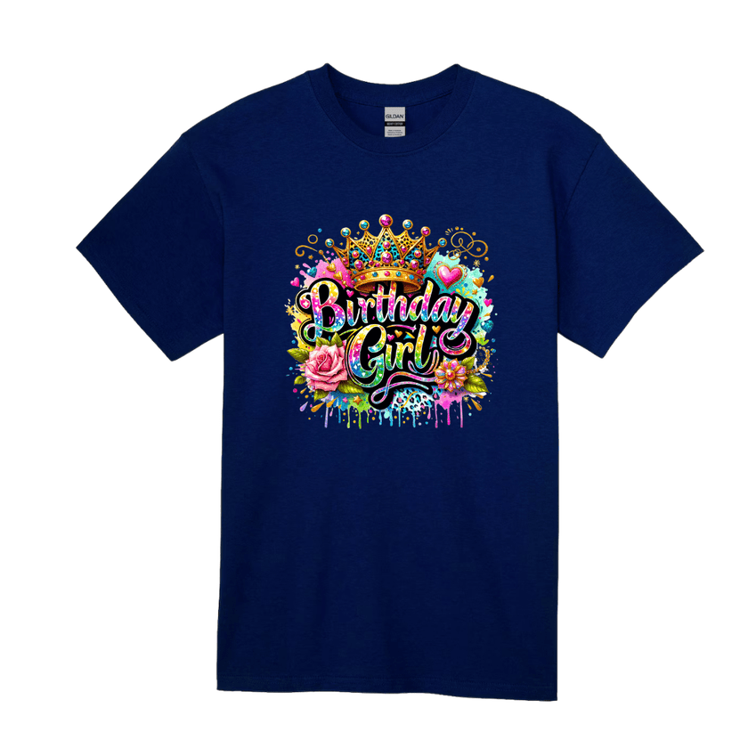 Blue birthday girl shirt with crown graphic and bright festive colors