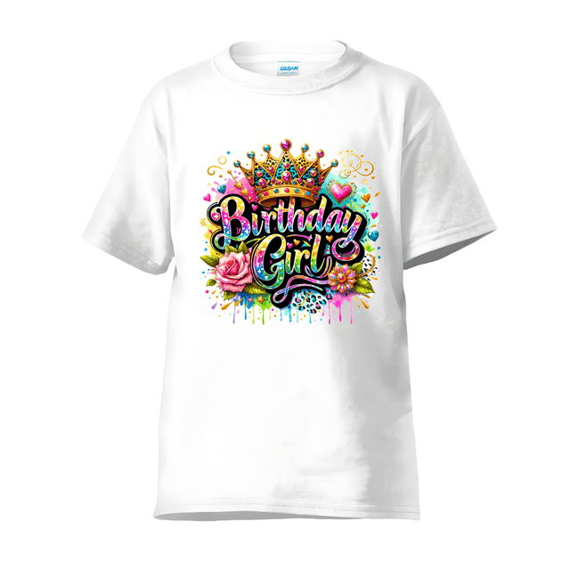 White birthday girl shirt with vibrant lettering and crown illustration
