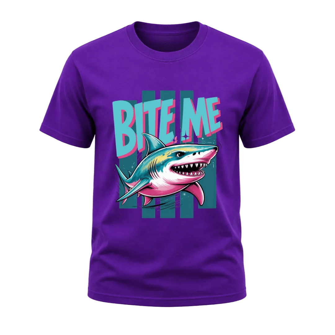 Purple men’s graphic T shirt featuring the colourful Bite Me Shark design for beach and marine life fans
