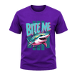 Purple men’s graphic T shirt featuring the colourful Bite Me Shark design for beach and marine life fans