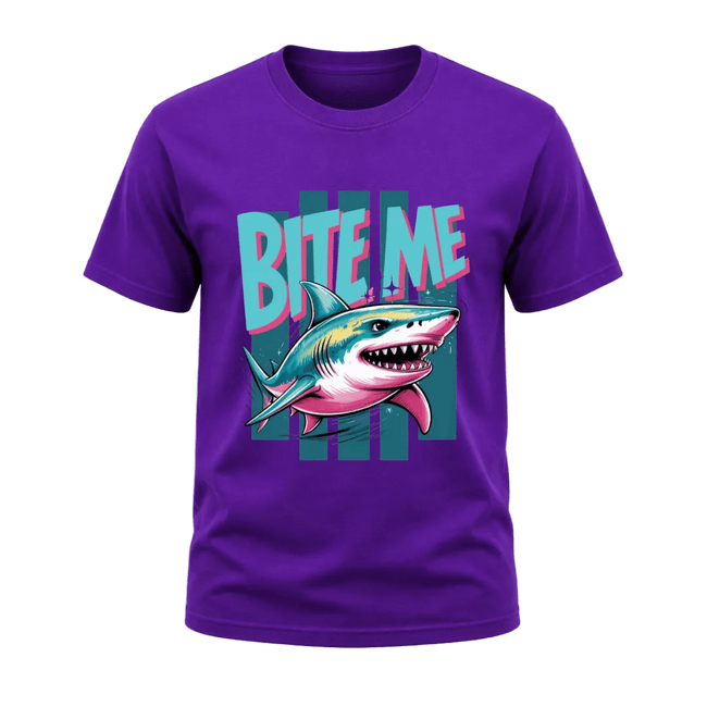 Purple men’s graphic T shirt featuring the colourful Bite Me Shark design for beach and marine life fans