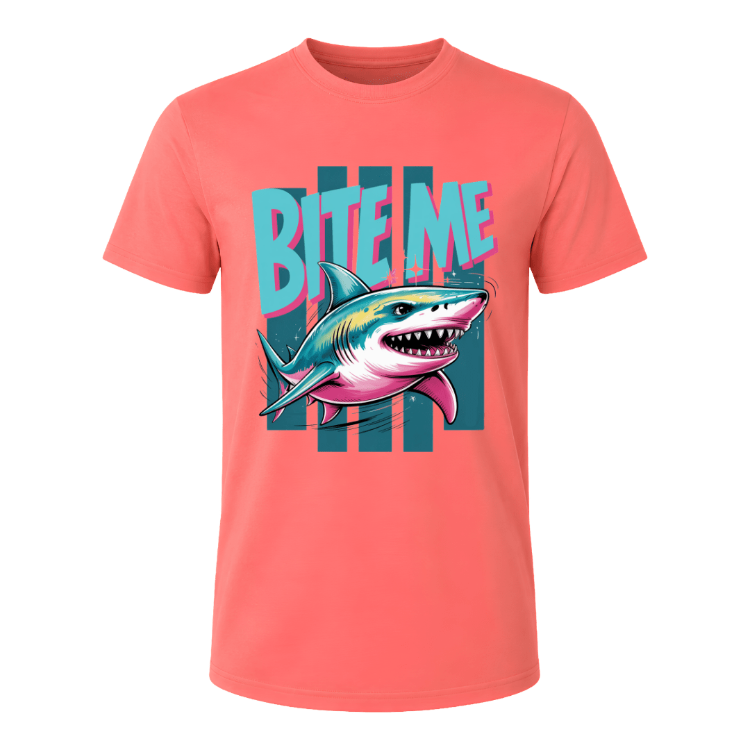Coral Silk men’s Bite Me Shark T shirt with bold retro shark artwork and colourful statement design