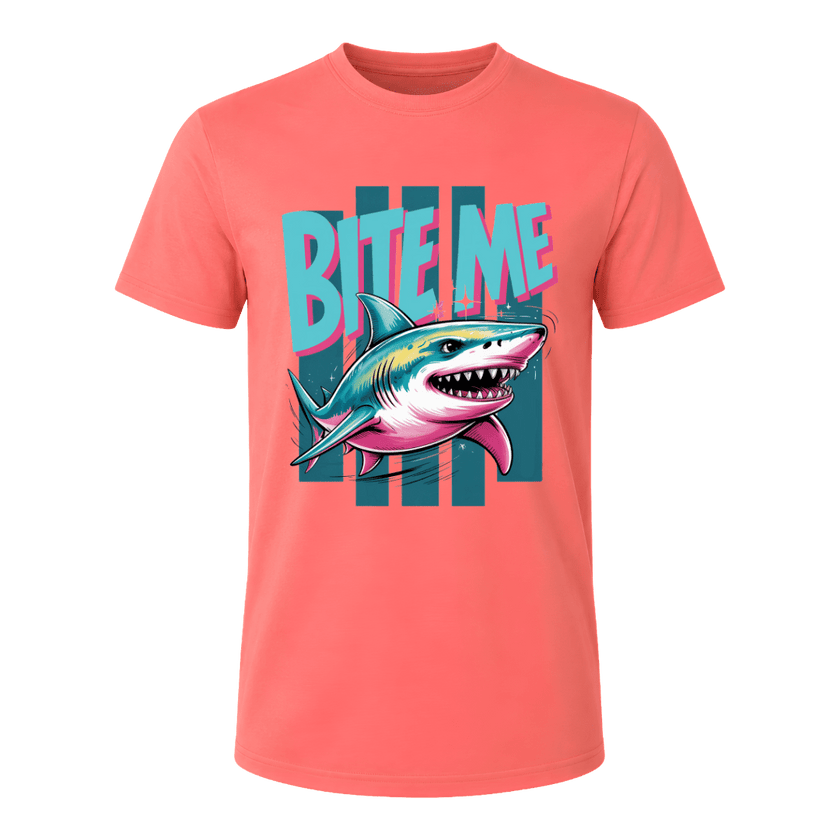 Coral Silk men’s Bite Me Shark T shirt with bold retro shark artwork and colourful statement design