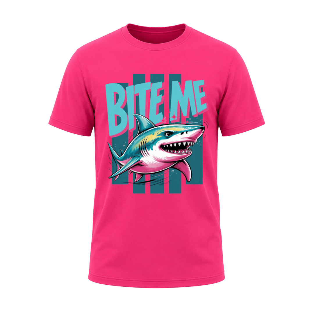Heliconia pink men’s shark T shirt featuring the Bite Me design with vibrant teal and pink ocean artwork