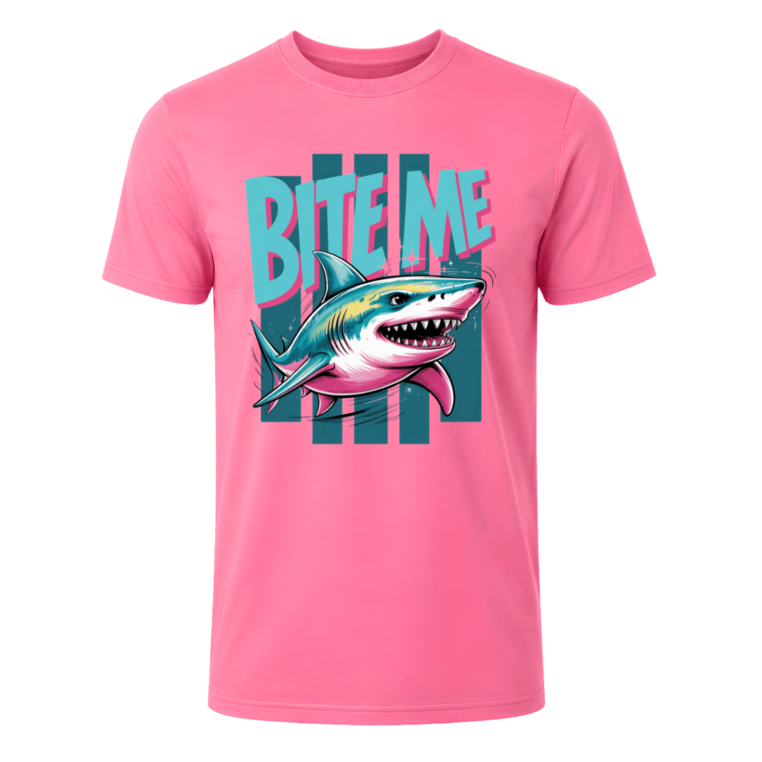 Azalea pink men’s shark graphic T shirt with bold Bite Me lettering and colourful retro ocean inspired artwork