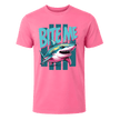 Azalea pink men’s shark graphic T shirt with bold Bite Me lettering and colourful retro ocean inspired artwork