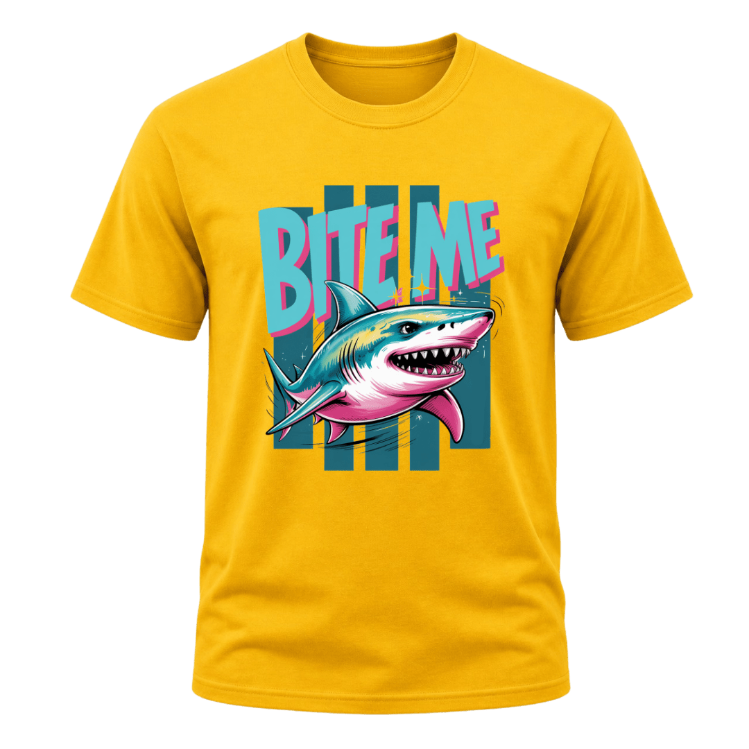 Yellow men’s Bite Me Shark T shirt featuring a colourful teal and pink retro shark graphic for shark and ocean lovers