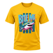 Yellow men’s Bite Me Shark T shirt featuring a colourful teal and pink retro shark graphic for shark and ocean lovers