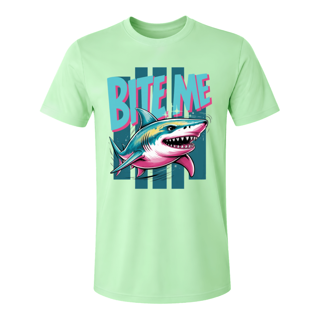 Mint Green men’s shark graphic T shirt featuring colourful Bite Me artwork and retro coastal styling
