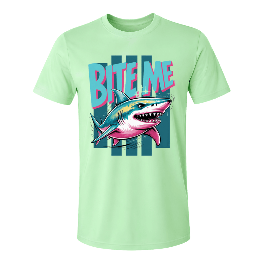 Mint Green men’s shark graphic T shirt featuring colourful Bite Me artwork and retro coastal styling