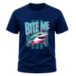 Navy men’s Bite Me Shark T shirt with teal pink and white shark illustration for shark enthusiasts