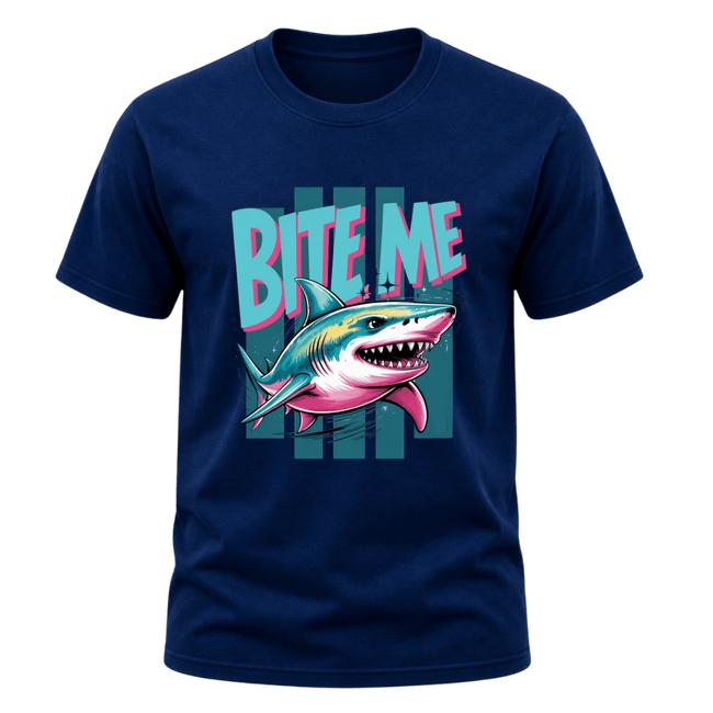 Navy men’s Bite Me Shark T shirt with teal pink and white shark illustration for shark enthusiasts
