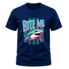 Navy men’s Bite Me Shark T shirt with teal pink and white shark illustration for shark enthusiasts