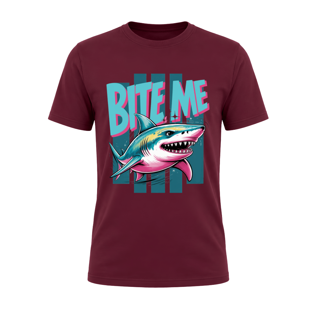 Maroon men’s Bite Me Shark T shirt featuring a bright retro shark graphic for ocean and beach lovers