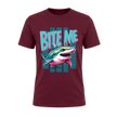 Maroon men’s Bite Me Shark T shirt featuring a bright retro shark graphic for ocean and beach lovers