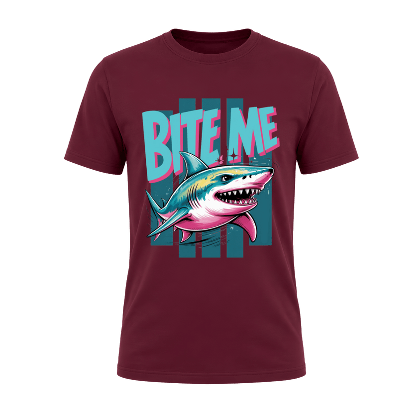Maroon men’s Bite Me Shark T shirt featuring a bright retro shark graphic for ocean and beach lovers