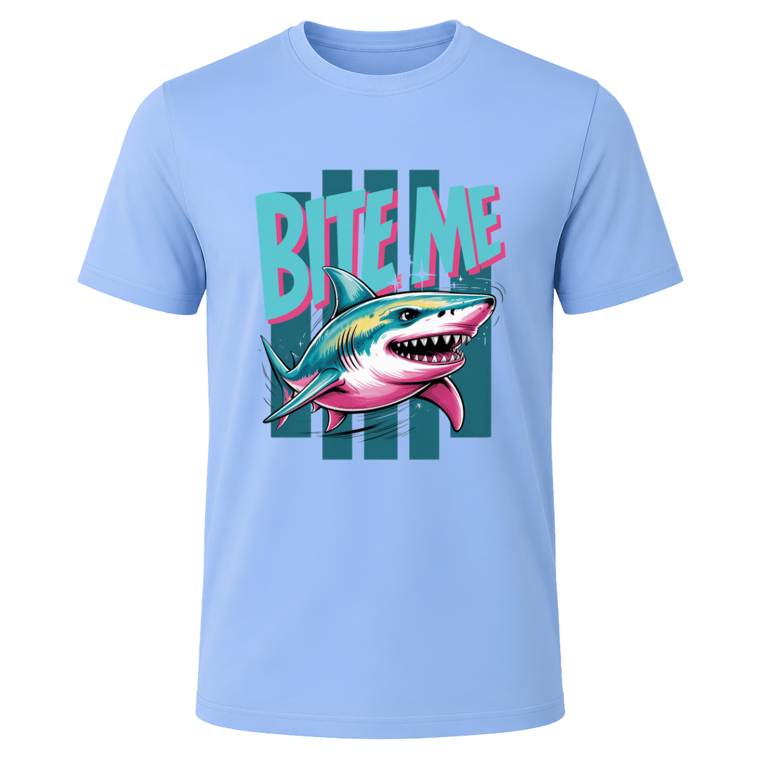 Carolina Blue men’s Bite Me Shark T shirt with colourful shark artwork designed for beach and ocean lovers