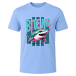 Carolina Blue men’s Bite Me Shark T shirt with colourful shark artwork designed for beach and ocean lovers
