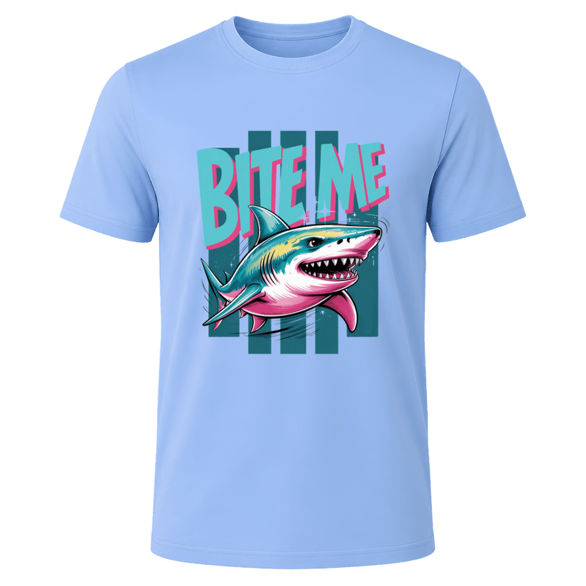 Carolina Blue men’s Bite Me Shark T shirt with colourful shark artwork designed for beach and ocean lovers
