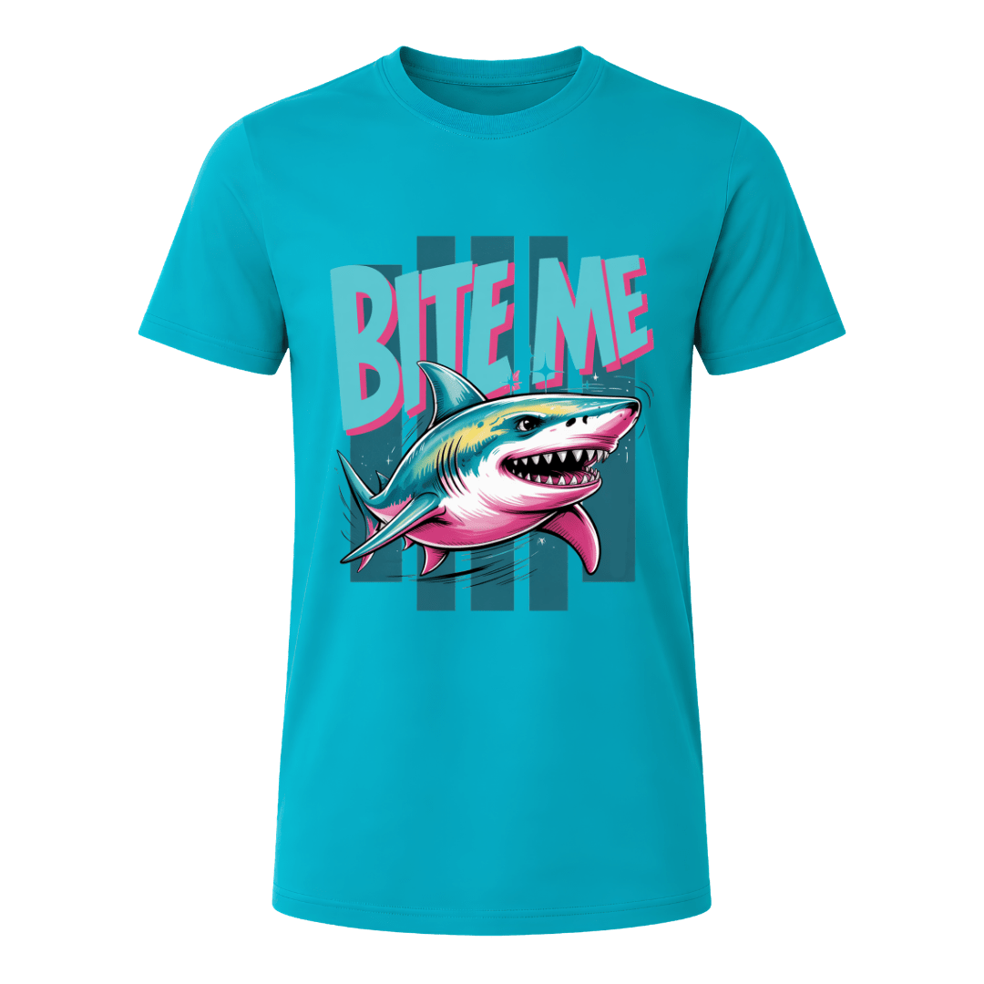 Jade Dome men’s Bite Me Shark graphic tee with colourful shark illustration and bold retro typography