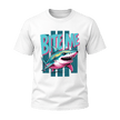 White men’s Bite Me Shark T shirt featuring a vibrant teal and pink shark graphic with bold retro lettering