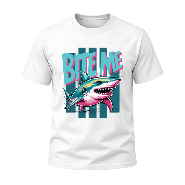 White men’s Bite Me Shark T shirt featuring a vibrant teal and pink shark graphic with bold retro lettering