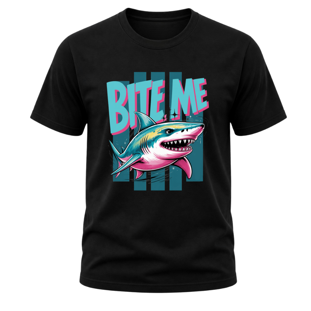 Black men’s Bite Me Shark graphic tee featuring a vibrant shark illustration with teal and pink retro typography